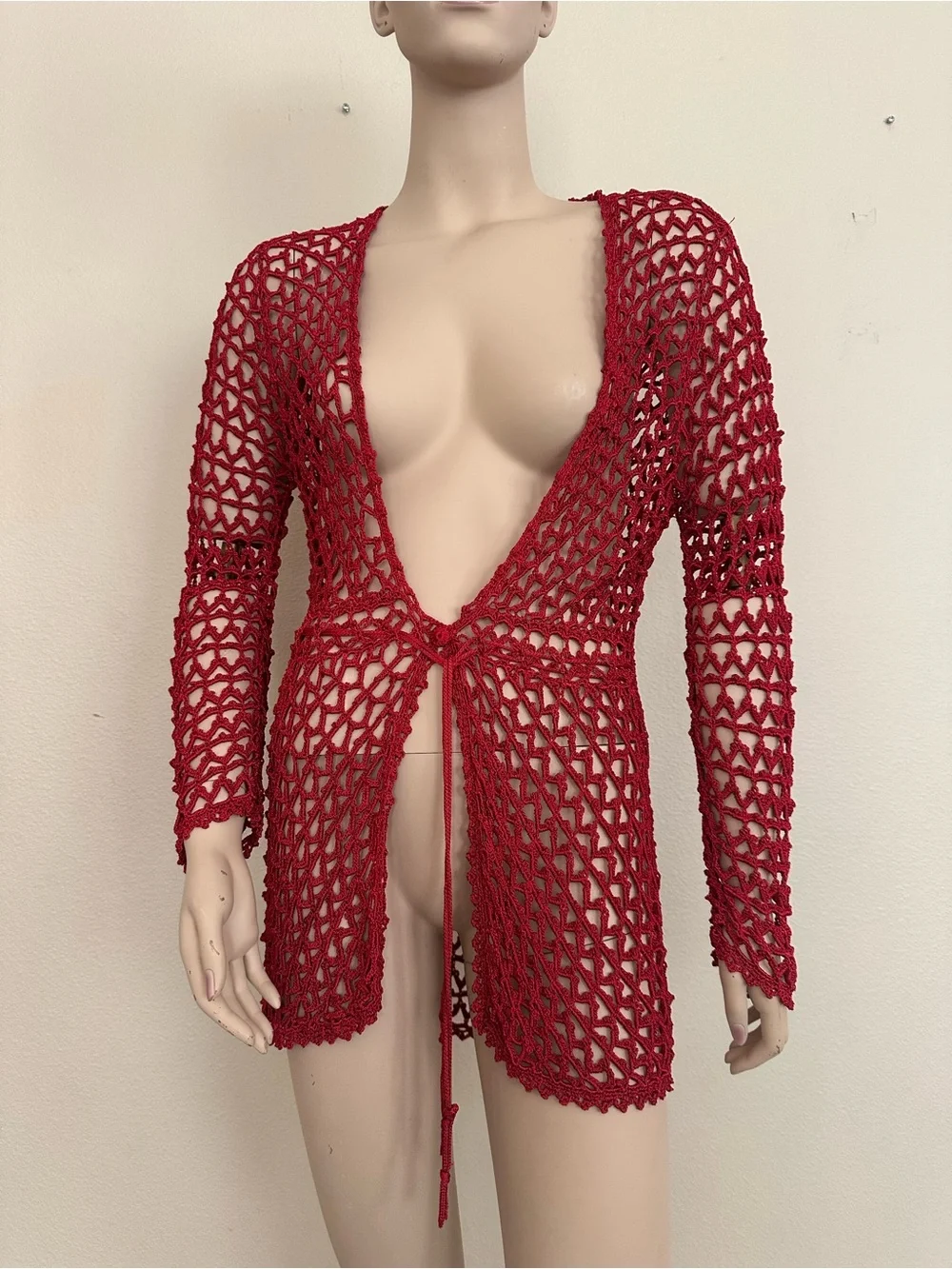 Planet Red Crochet Open Knit Cardigan Tie Front Mesh Cover Up